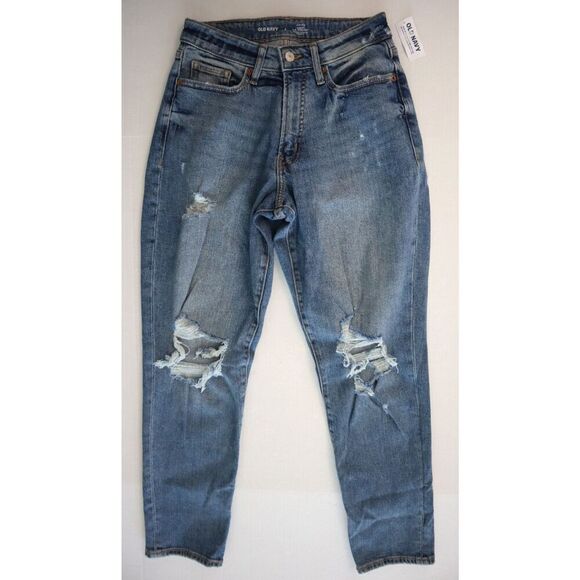 Old Navy Women's Sz 4 Blue High-Rise Curvy O.G. Straight Ankle Distressed Jeans - Picture 1 of 5